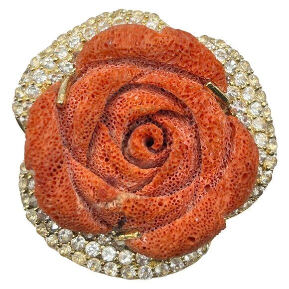 Estate Hand Carved Oxblood Red Coral & White Topaz Sterling Vermeil Ring Size 8